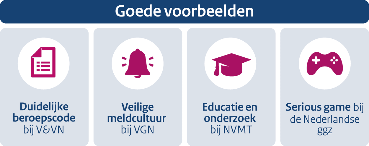 Goede voorbeelden: duidelijke beroepscode bij V&VN, veilige meldcultuur bij VGN, educatie en onderzoek bij NVMT en serious game bij de Nederlandse ggz.
